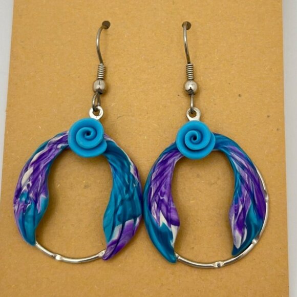 Handcrafted Floral Dangle Earrings Silver Tone & Polymer Clay Blue Flower - Picture 6 of 6